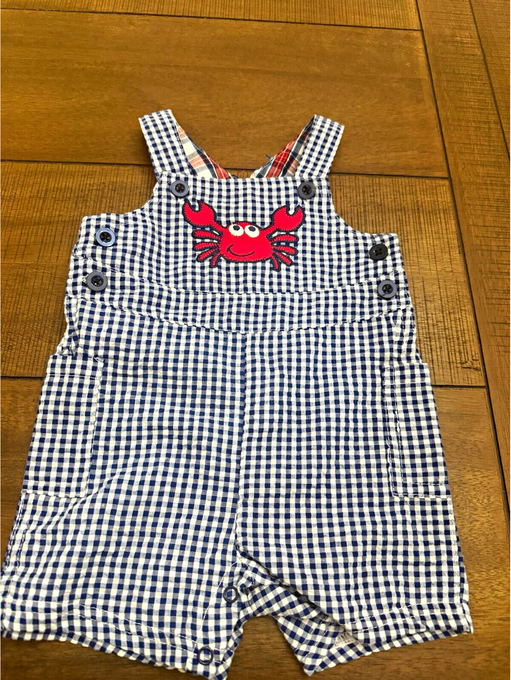 Nursery Rhyme Boys 3-6M Blue/White Gingham Crab Embroidered Cotton Overall